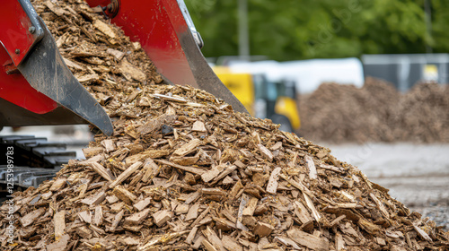Wood chips being unloaded from machine, showcasing bioenergy materials