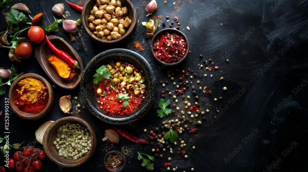 Spices and herbs in colorful bowls on a rustic surface Spices and herbs in colorful bowls on a rustic surface