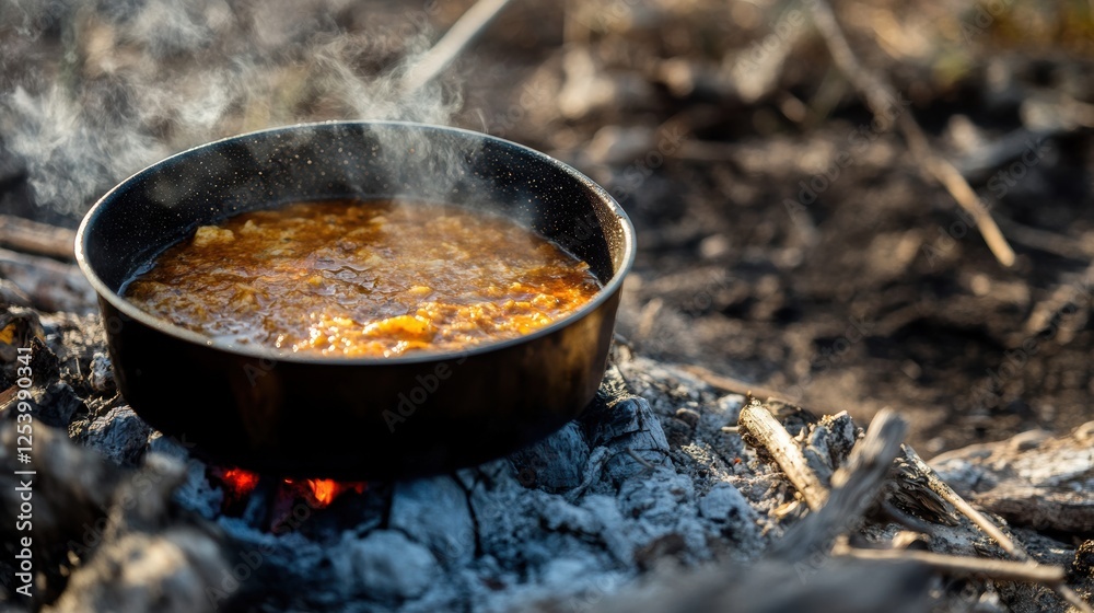 Cooking delicious shrimp stir-fry on a portable stove while camping in nature Cooking delicious shrimp stir-fry on a portable stove while camping in nature