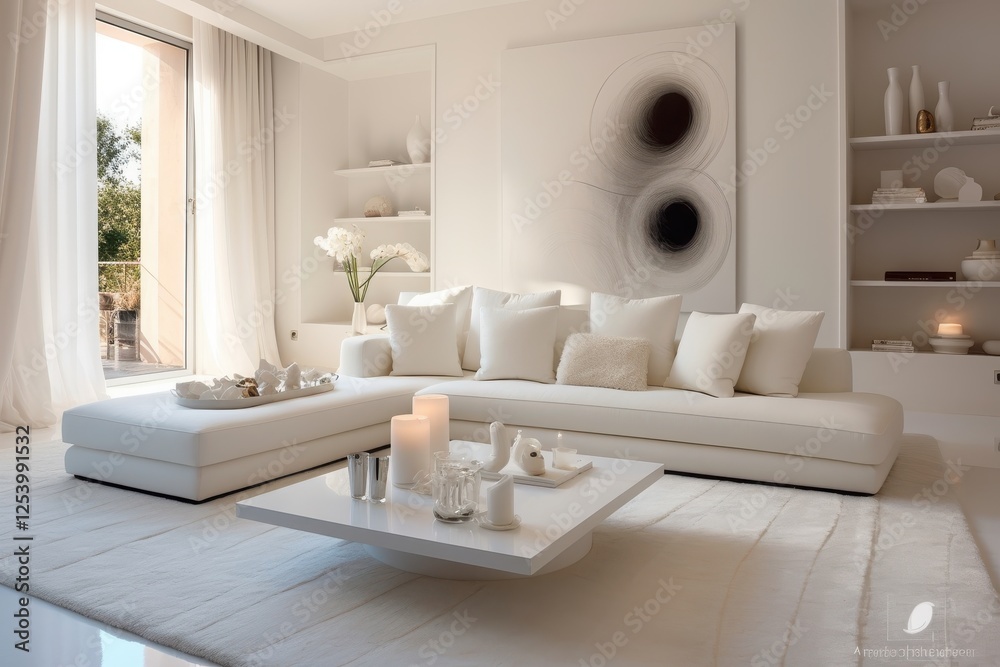 Elegant modern living room with white furniture, large windows, and minimalist decor designed for a serene atmosphere Elegant modern living room with white furniture, large windows, and minimalist decor designed for a serene atmosphere