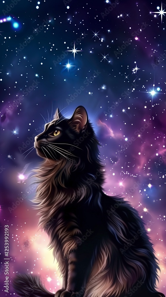 A majestic cat gazes at a cosmic, star-filled galaxy background. A majestic cat gazes at a cosmic, star-filled galaxy background.