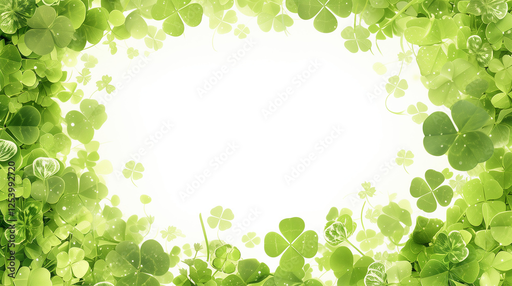 Fototapeta premium Green leaves and clovers create a vibrant natural frame with soft light on a bright background