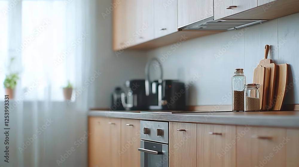 Fototapeta premium Modern Kitchen Interior With Light Wood Cabinets And Natural Lighting