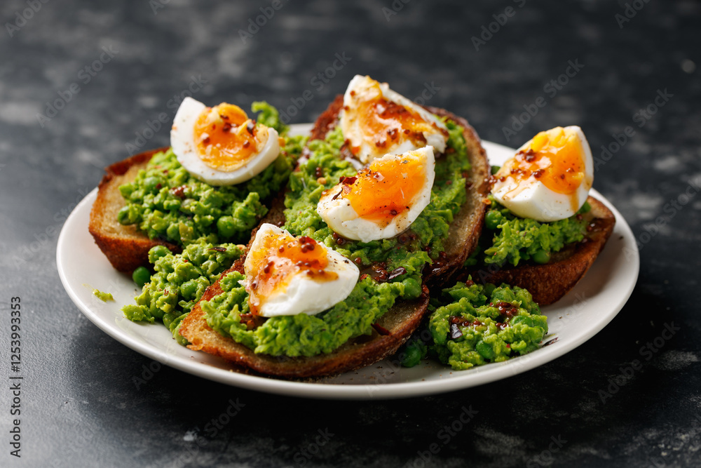 Smashed peas and egg sourdough toast with whole grain mustard sauce. Protein packed vegetarian food concept Smashed peas and egg sourdough toast with whole grain mustard sauce. Protein packed vegetarian food concept