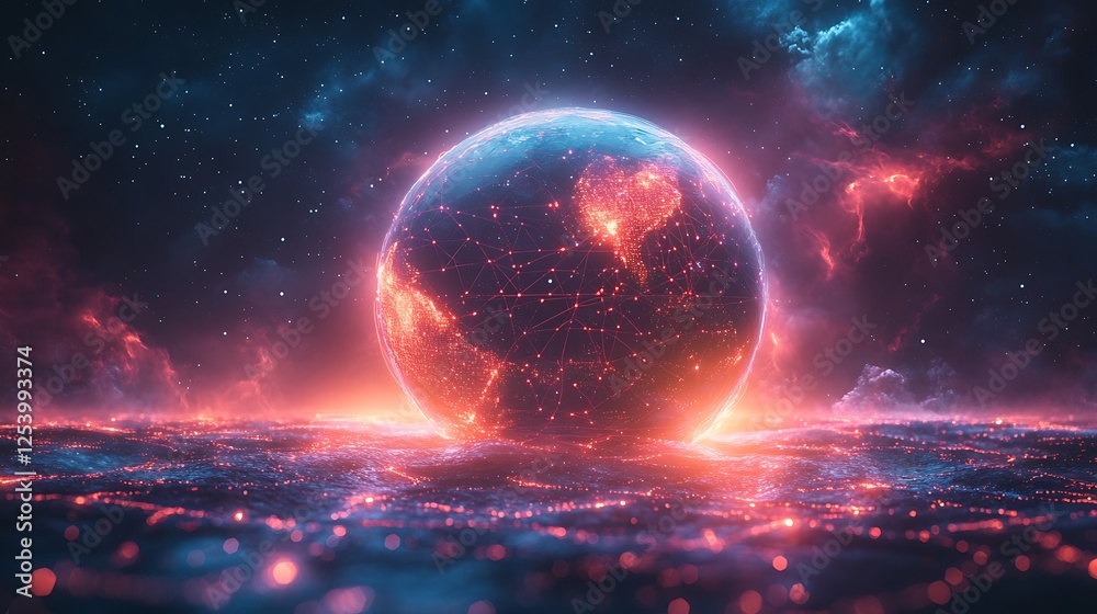 Obraz premium A vibrant neon earth with interconnected luminous red and blue paths in a sci-fi theme