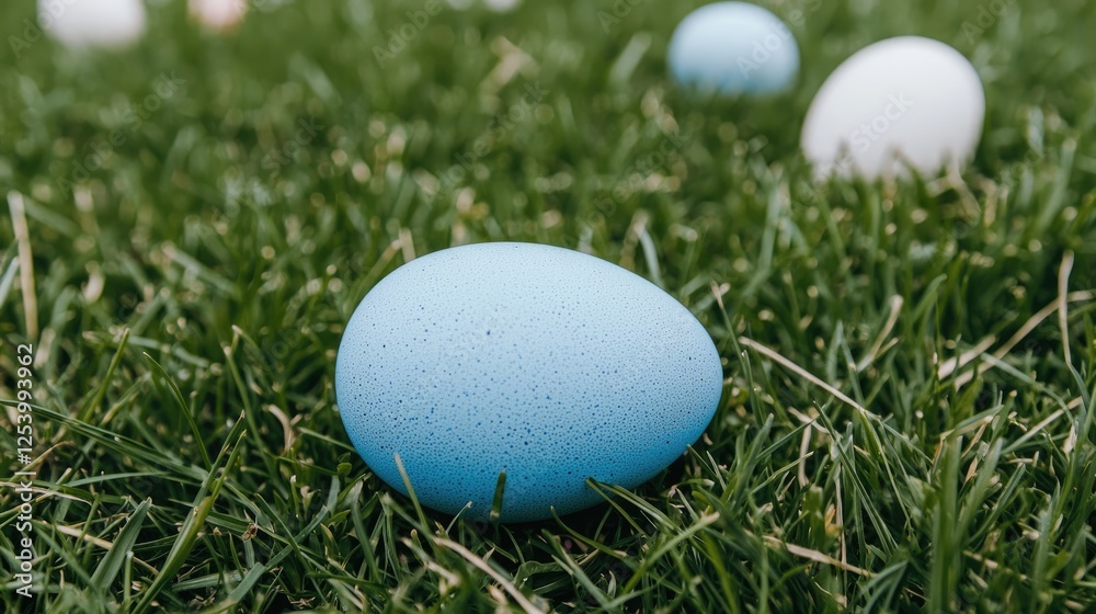 Blue Easter egg hunt in spring grass Blue Easter egg hunt in spring grass