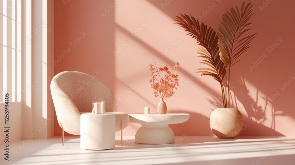Minimalist pink interior with soft sunlight and elegant decor Minimalist pink interior with soft sunlight and elegant decor