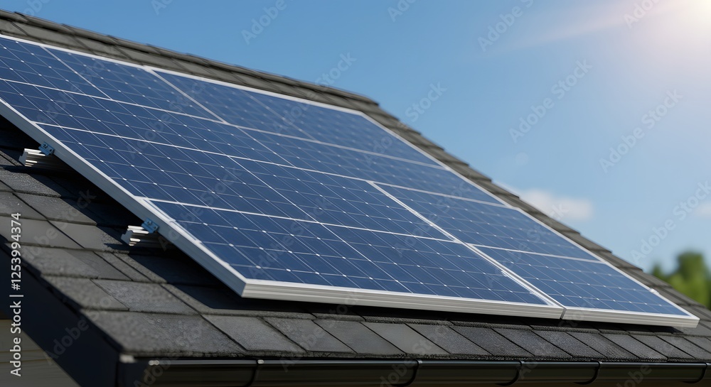 solar panel fitted on the house roof, Sustainable Energy, Clean energy at home, banner type