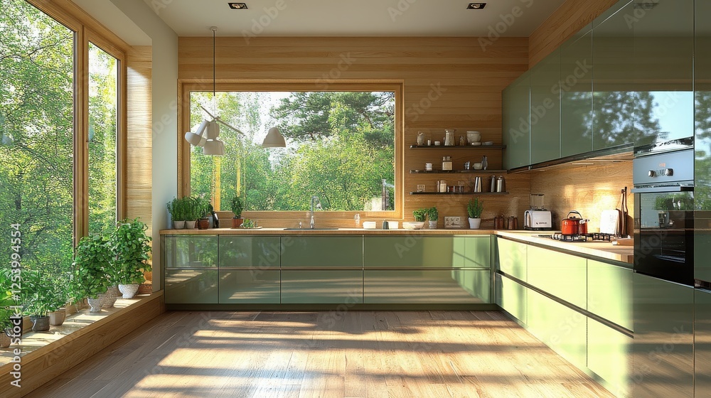 Fototapeta premium Modern kitchen with green cabinets and large windows showcasing a lush outdoor view during daylight