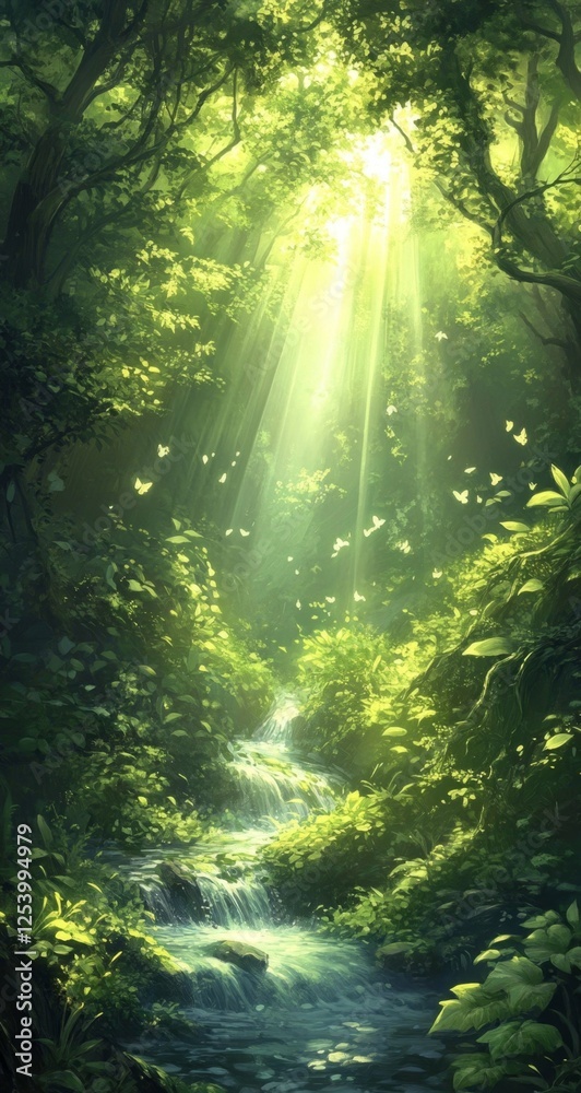 Obraz premium Sunlit forest stream, butterflies, lush foliage, tranquil scene, nature background