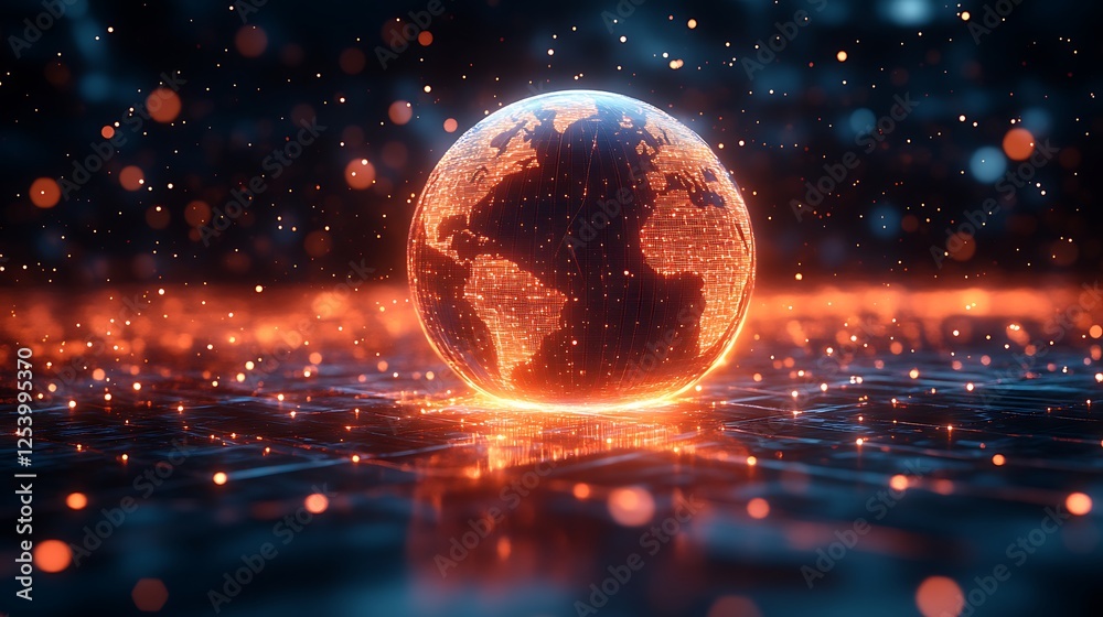 A global technology concept featuring a glowing sphere with digital light flows