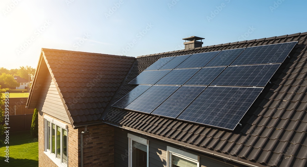 solar panel fitted on the house roof, Sustainable Energy, Clean energy at home, banner type solar panel fitted on the house roof, Sustainable Energy, Clean energy at home, banner type