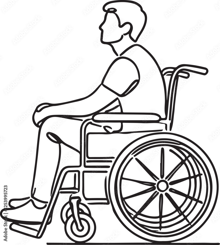 Inclusive Line Art. Young Man in Wheelchair Vector Drawing Inclusive Line Art. Young Man in Wheelchair Vector Drawing