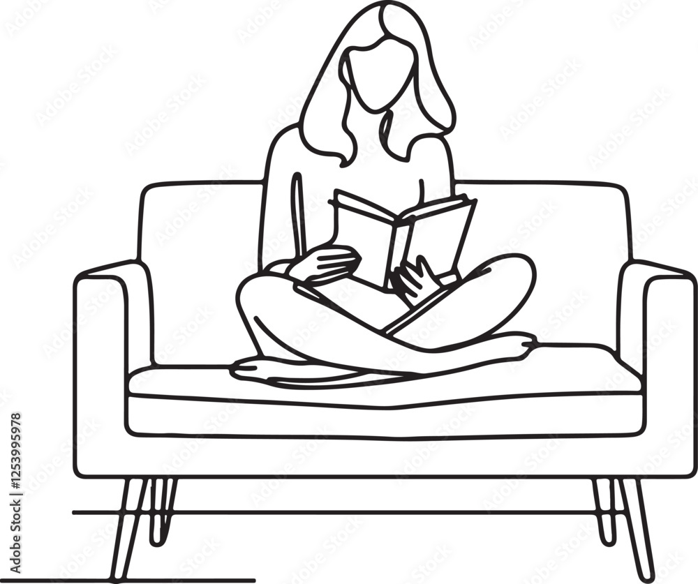 Elegant Line Art of a Young Woman Reading a Book on Couch – Vector Illustration Elegant Line Art of a Young Woman Reading a Book on Couch – Vector Illustration