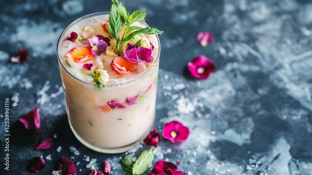 Refreshing summer drink with floral garnish and ice