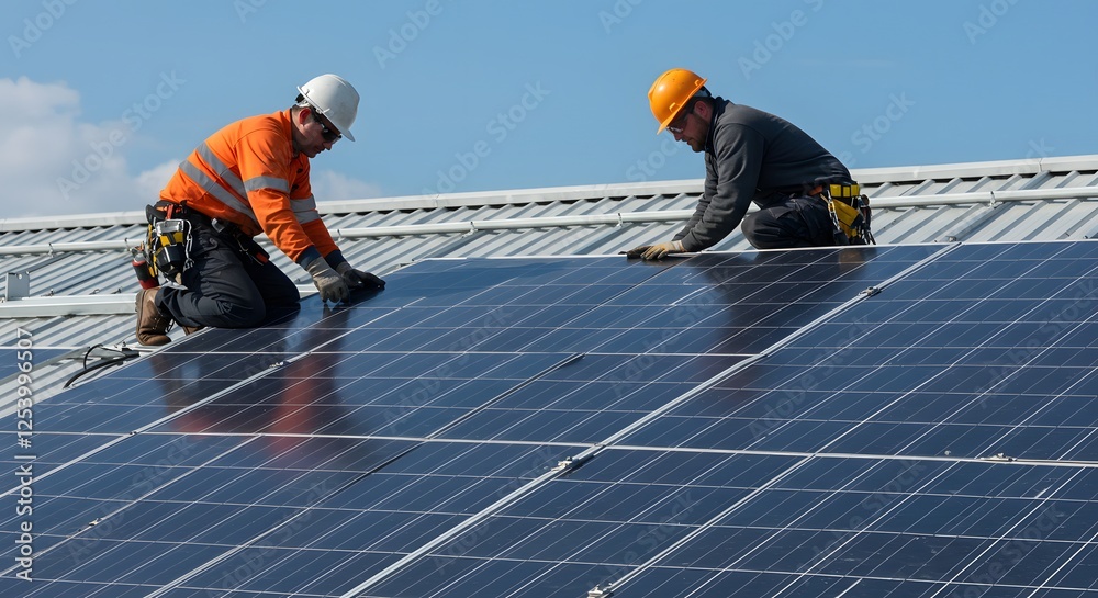 custom made wallpaper toronto digitalAt Sunlight a male worker fixes solar panels on a metal basis, A worker fixes solar panels on the roof, and a male fixes a solar panel in the daytime. also, workers wearing safety gears,close up shot