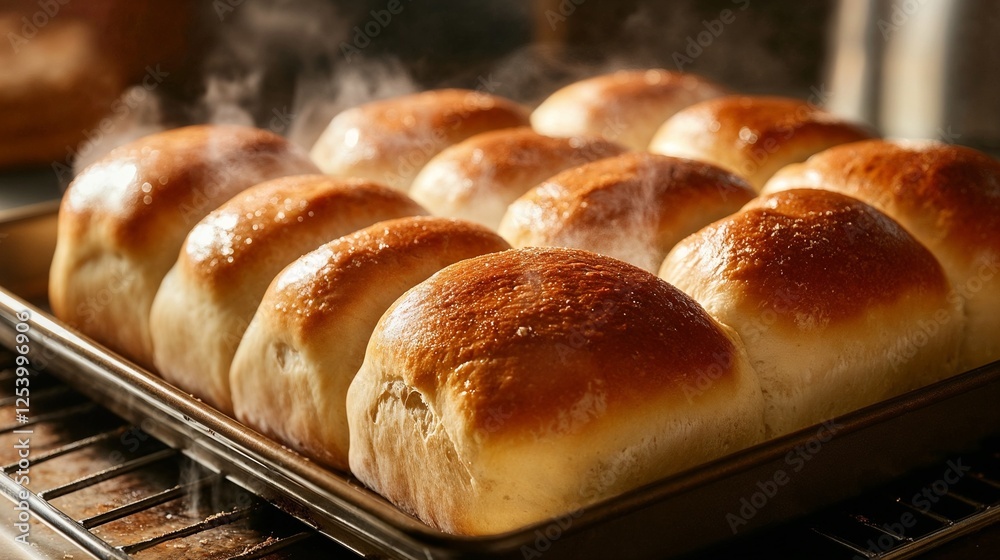 Freshly baked Bavarian rolls rising with steam on tray in warm kitchen setting for Oktoberfest Freshly baked Bavarian rolls rising with steam on tray in warm kitchen setting for Oktoberfest