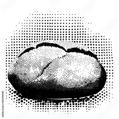 vintage halftone vector illustration of rustic bread loaf in black and white