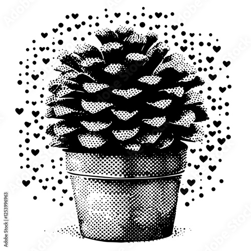 black and white pinecone vector in flower pot with hearts and halftone texture, romantic concept