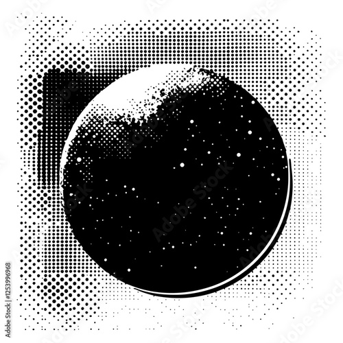 black and white vector of a planet in space with halftone background and glowing star field