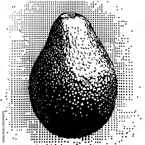 avocado vector illustration in halftone engraving style, healthy fruit in black and white
