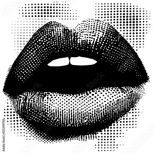 halftone vector of sensual lips in bold comic style with dotted black and white texture