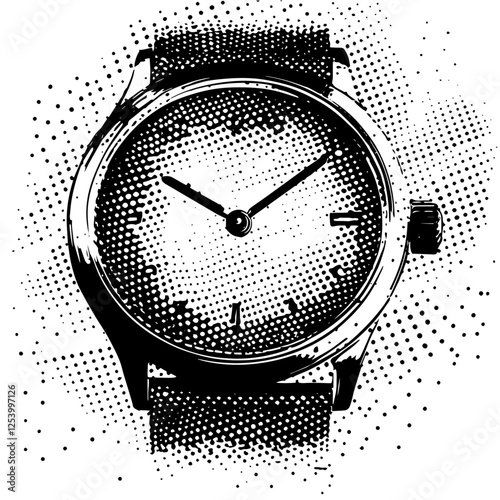 black and white vector of wristwatch in halftone style with vintage dot shading and minimal detail