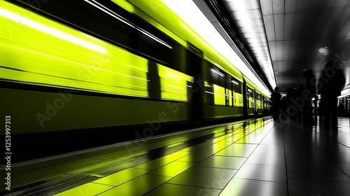 Dynamic motion blur of a bright yellow subway train moving quickly in a modern underground station : Generative AI photo
