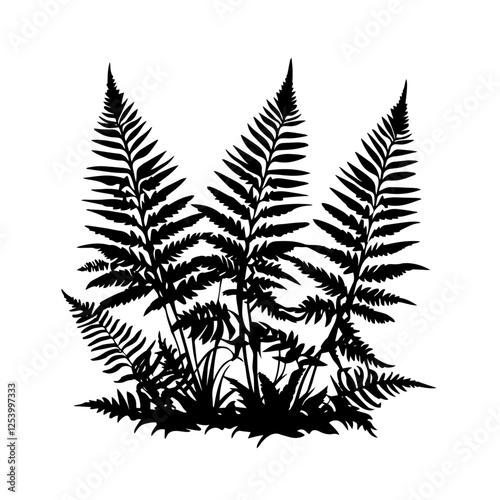 blackandwhite vector illustration of fern leaves in silhouette style, isolated foliage drawing, natural botanical element