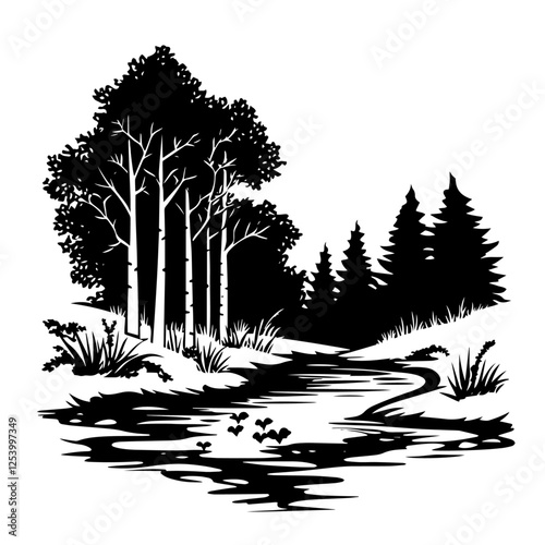 blackandwhite vector of forest landscape with trees and river, hand drawn woodland nature scene in vintage silhouette style