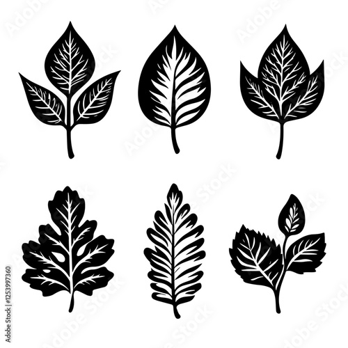 collection of various leaf shapes in black and white silhouette vector style