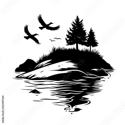 small island with trees, flying birds and water reflection – black and white vector landscape