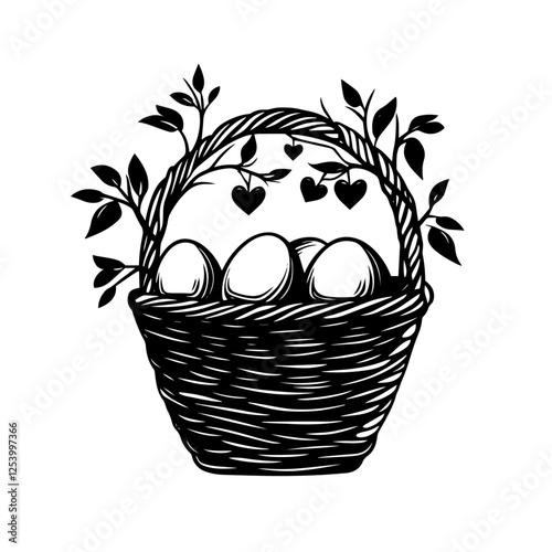 easter basket with decorated eggs and leaves in vintage black and white style