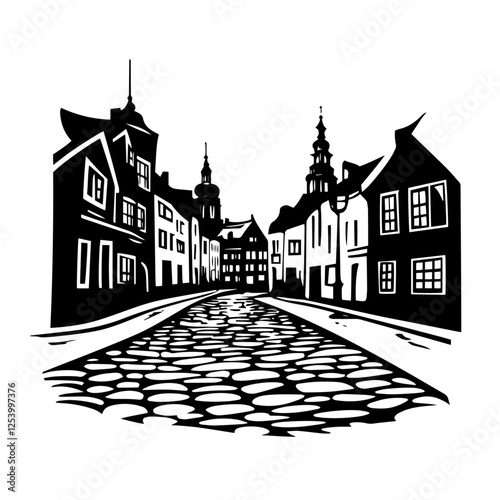 cobblestone street leading through old town architecture, vintage black and white vector with strong perspective