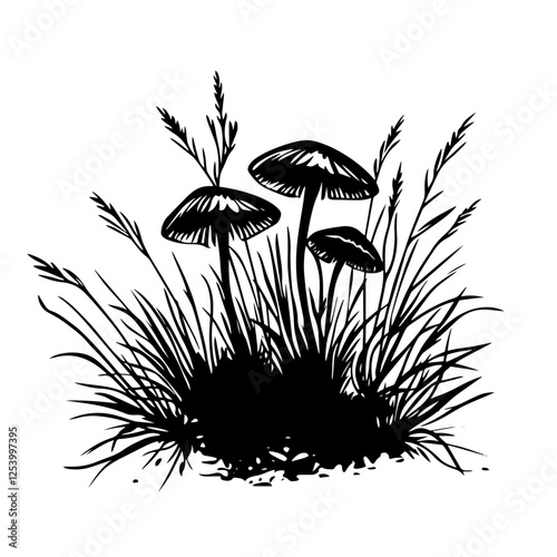 mushrooms growing in grass black and white vector