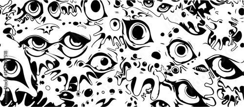black and white seamless vector of abstract dripping eyes in surreal chaotic pattern