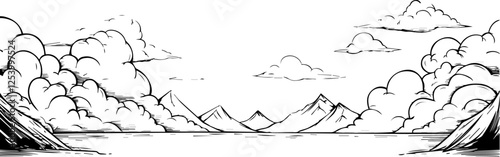vector landscape with lake, mountains and clouds in sketch style, black and white scene