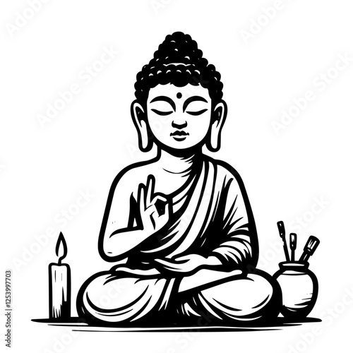 buddha vector sitting in meditation with candle and tools, black and white peaceful illustration