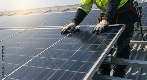 At Sunlight a male worker fixes solar panels on a metal basis, A worker fixes solar panels on the roof, and a male fixes a solar panel in the daytime. also, workers wearing safety gears,close up shot 