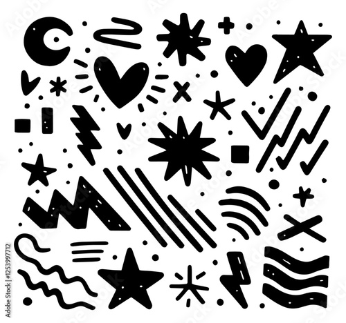 abstract vector set of black bold doodle shapes and symbols on white background