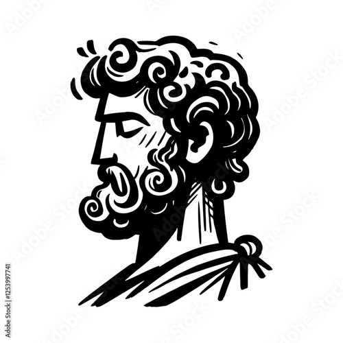 classical philosopher head vector in black and white engraving style, inspired by greek sculpture