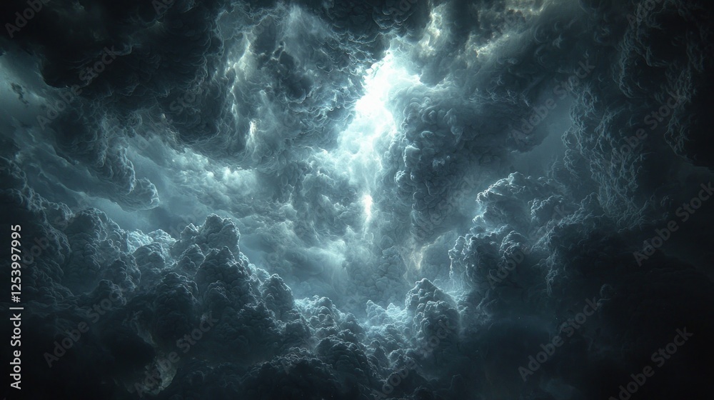 Obraz premium Stormy sky, dark clouds, light breaking through, dramatic weather, background for design