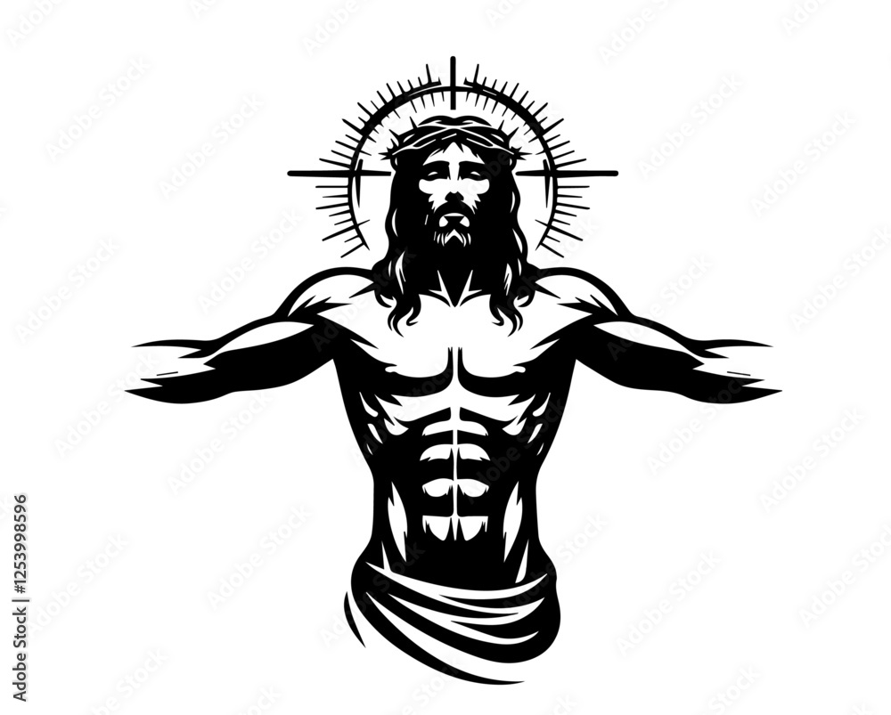 Fototapeta premium Vector of muscular Jesus with crown of thorns and halo