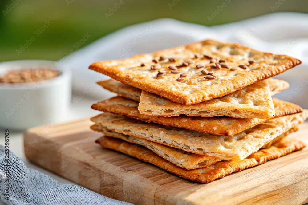 Fototapeta premium Delicious seeded crackers stacked neatly on a wooden board natural light highlighting texture food photography side angle culinary art