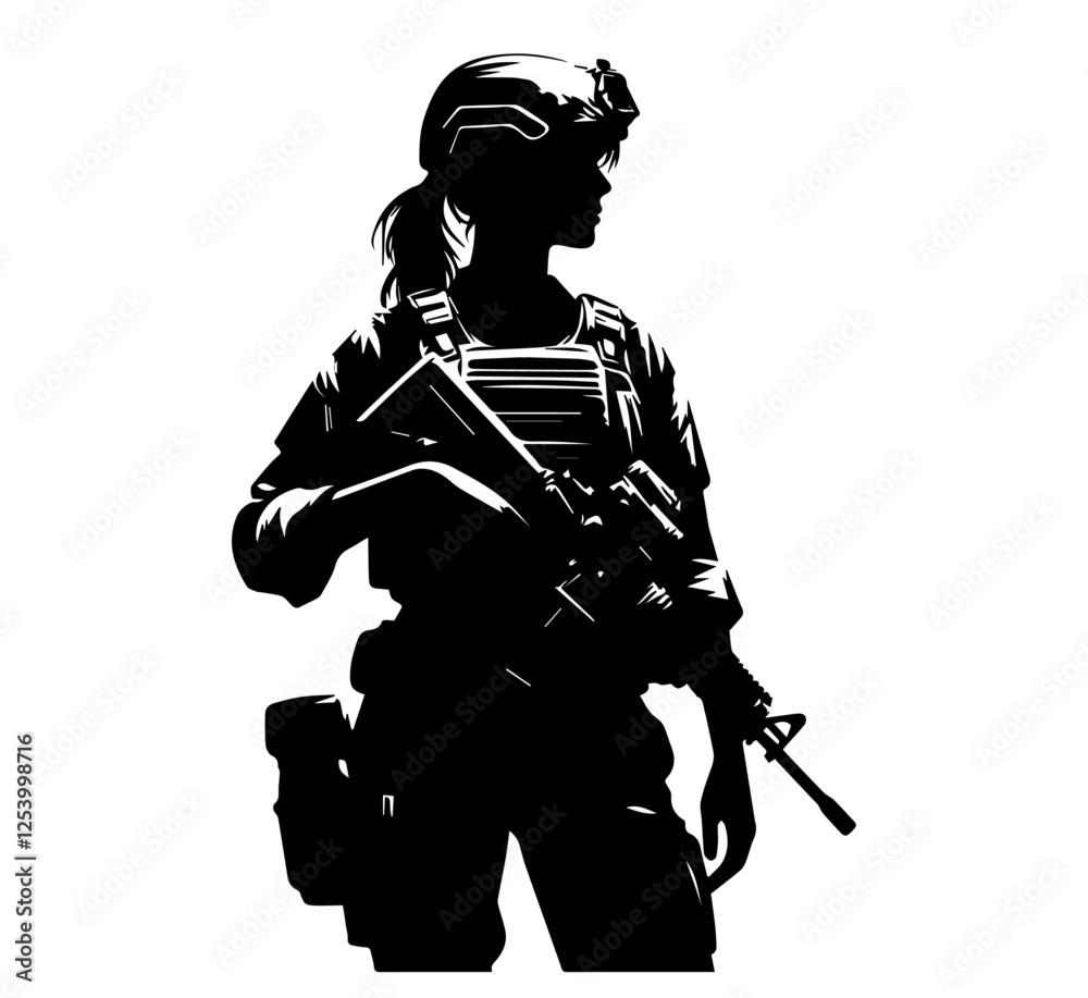Fototapeta premium Female soldier vector – military woman with rifle silhouette