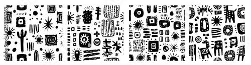 black and white vector illustration of abstract primitive shapes and tribal-inspired symbols, perfect for artistic and creative designs