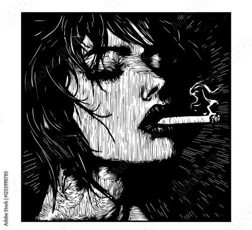 dramatic black and white vector of expressive female face with cigarette, engraved line style