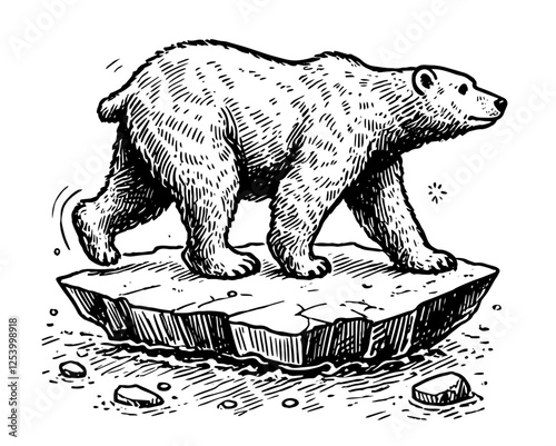 polar bear walking on ice floe in hand drawn black and white sketch vector