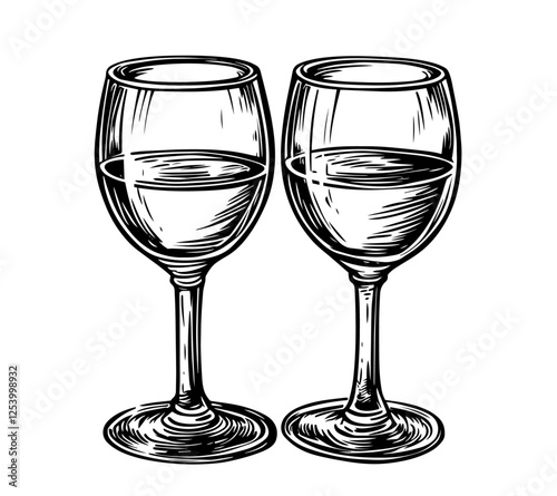 two wine glasses in hand drawn vintage engraving style – romantic sketch vector