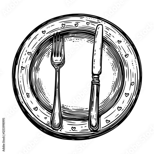 dinner plate with cutlery black and white vector